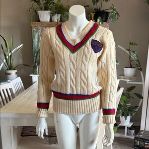 Vintage 1960s/70s Cricket Cable Knit V-Neck Sweater -Cream green, red and blue